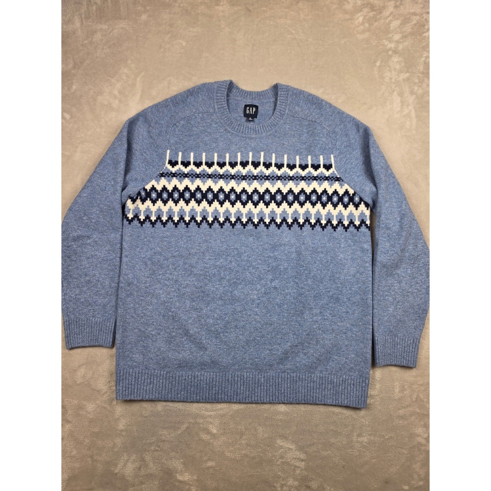 Gap Fair Isle Crewneck Sweater Mens XL Blue Heather Wool Blend Cozy 815211
